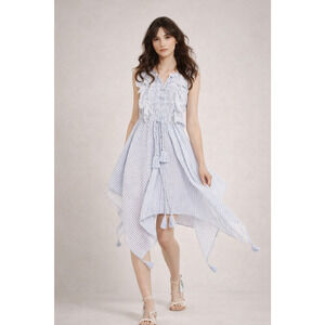 MISA Los Angeles Striped Eyelet Fringe Handkerchief Hem Dress Blue White Small
